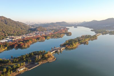 杭州萧山区湘湖景区秋色风光航拍