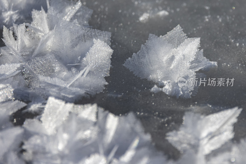 新疆赛里木湖雪山下湖面边缘的冰雪景观