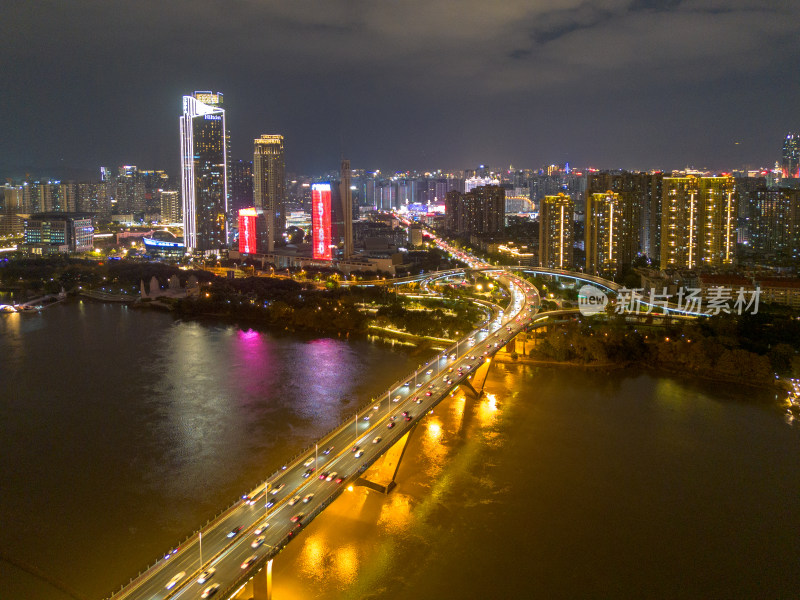 航拍福州城市夜景下与繁华立交桥及周边建筑