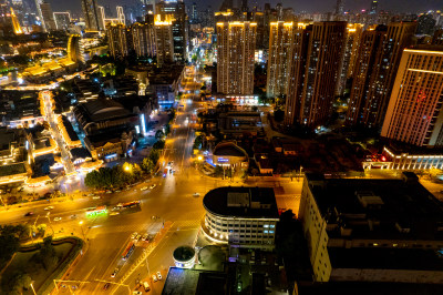 天津城市夜景交通航拍图