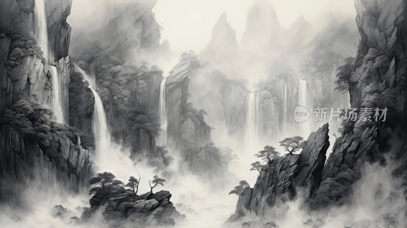 黑白水墨画风格的中国山水风光