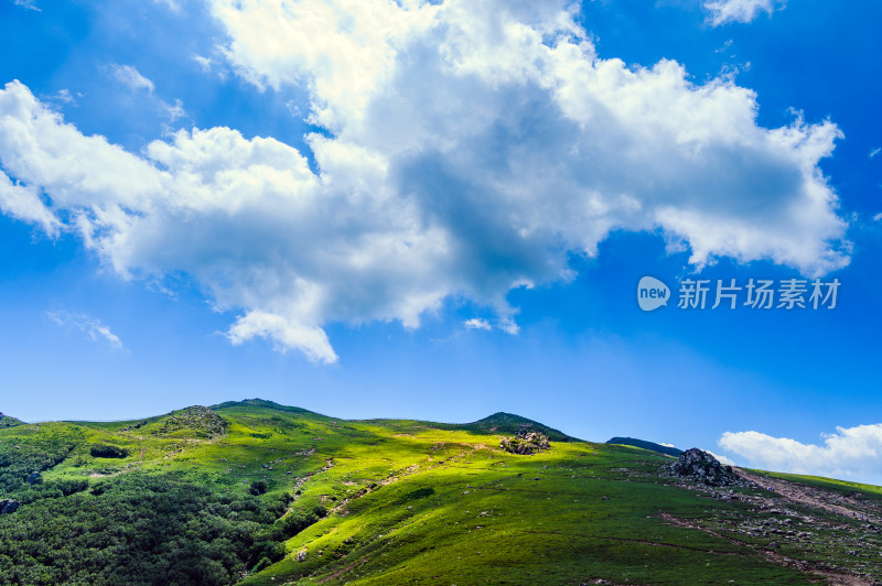 夏季蓝天白云绿色高山草甸群山大气风光