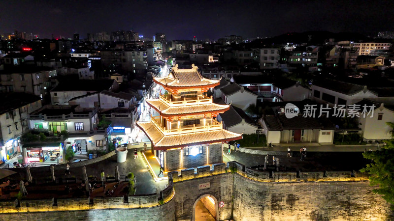 广东潮州古城下水门城楼夜景灯光航拍