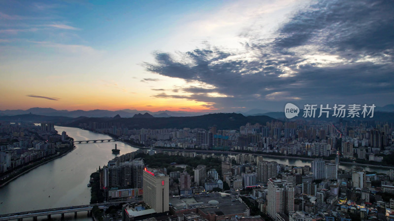 广东韶关城市日落晚霞夕阳夜幕降临航拍