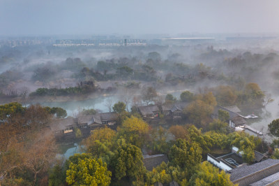 杭州西溪湿地公园秋天云雾航拍