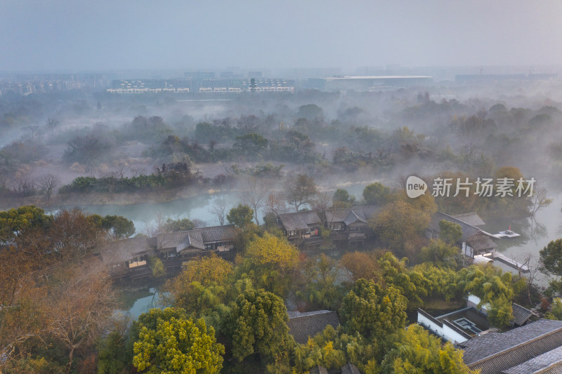 杭州西溪湿地公园秋天云雾航拍