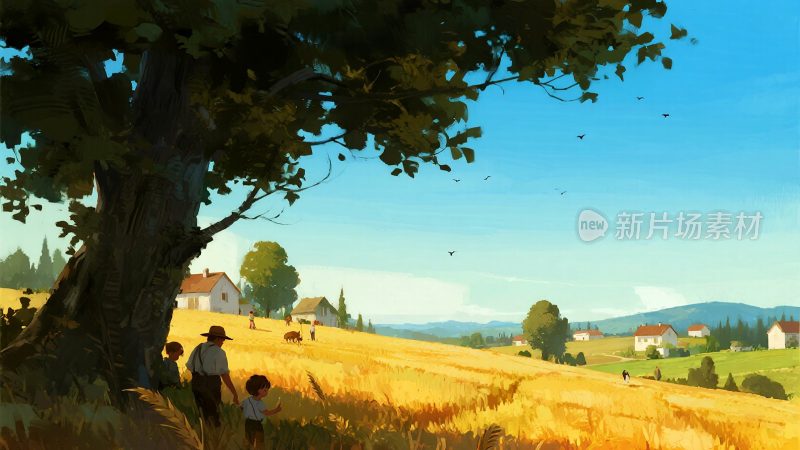 田园中一家人树下休憩场景