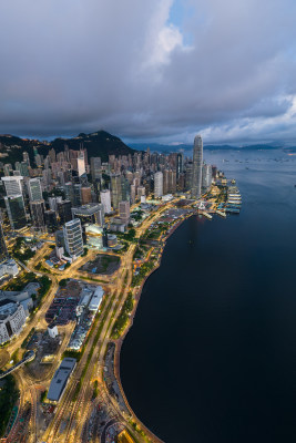 香港维多利亚港CBD中环夜景日出高空航拍