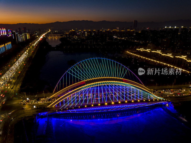 宁夏银川凤凰桥夜景航拍