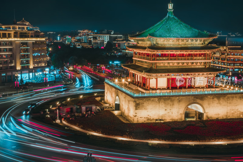 陕西西安钟楼夜景风光