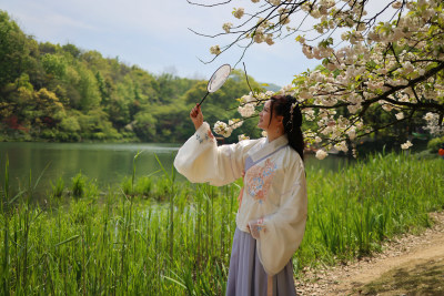 杭州西湖风景区乌龟潭的晚樱和穿汉服的女人