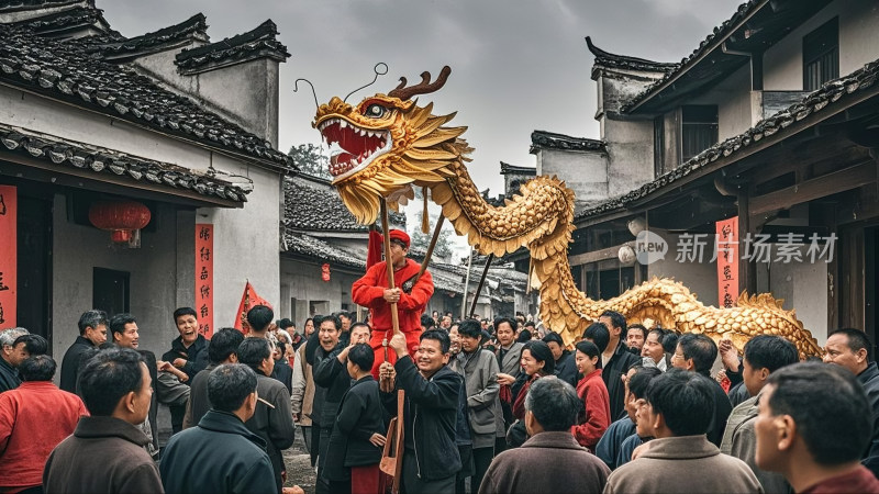 街头人群舞龙喜庆场景二月二龙抬头民俗活动