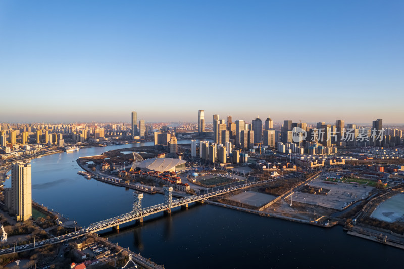 天津滨海新区海河塘沽湾城市风光航拍