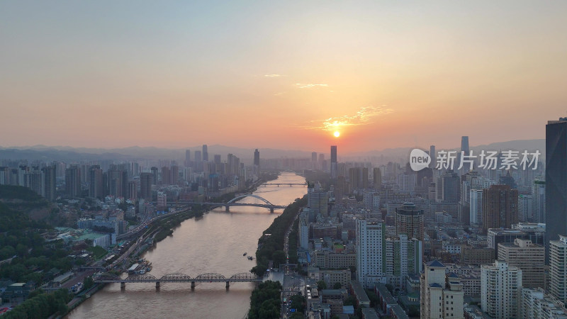 甘肃兰州日出兰州城市风光航拍