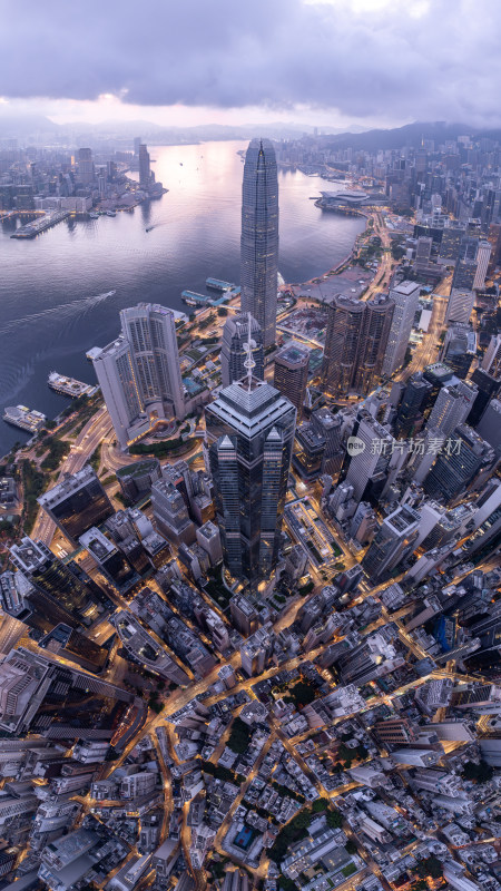 香港维多利亚港CBD中环夜景日出高空航拍