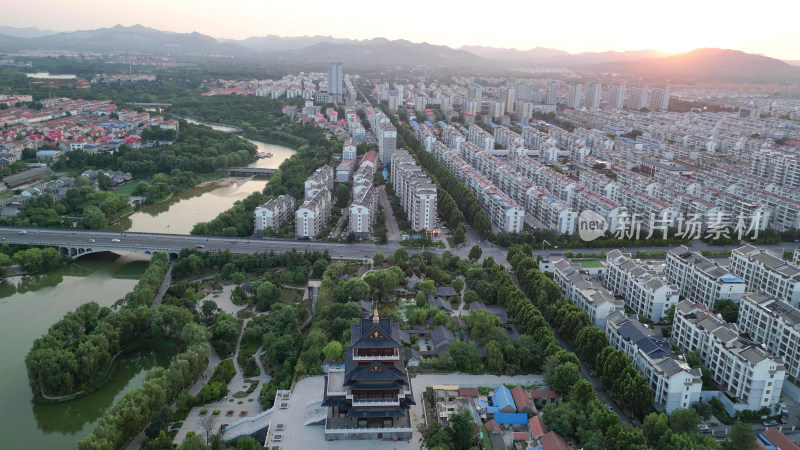 航拍山东潍坊青州古城夕阳晚霞