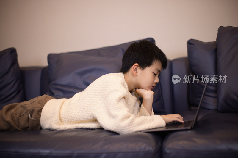 一个帅气的中国小男孩趴在沙发上看电脑