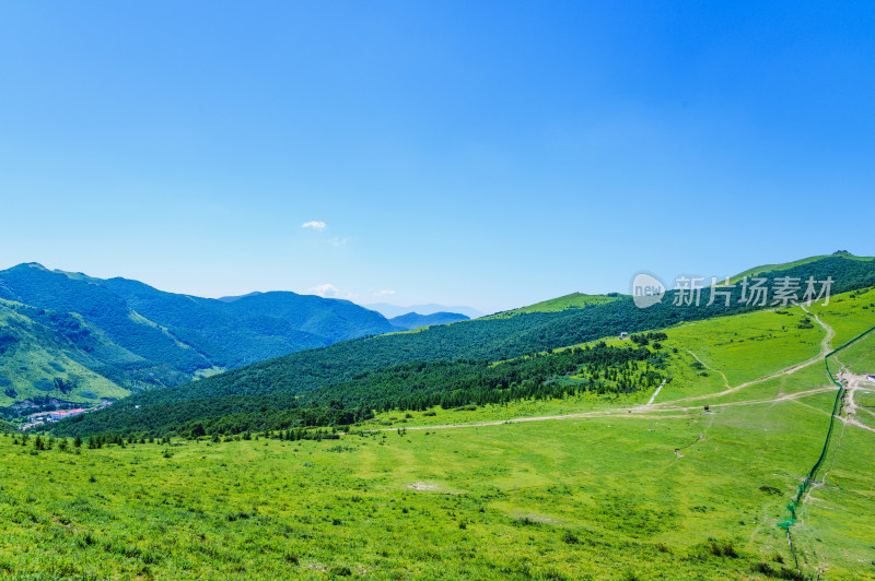 夏季蓝天白云绿色高山草甸群山大气风光