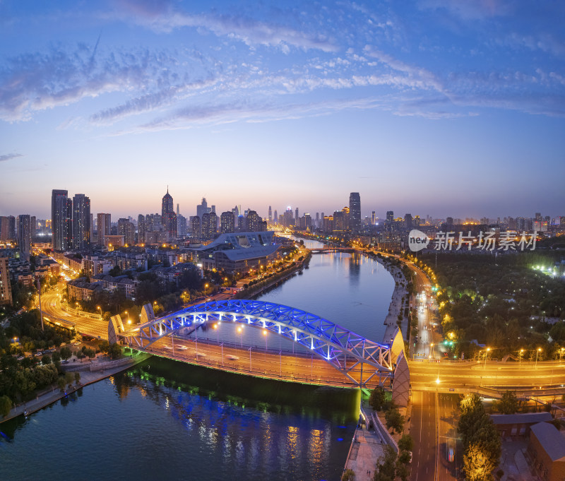 天津海河风景线国泰桥城市建筑日落夜景航拍