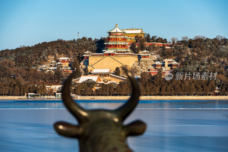 北京颐和园铜牛远眺万寿山佛香阁雪景