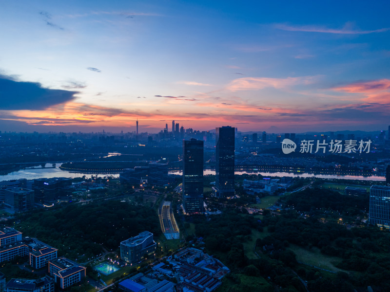 广州大学城生物岛日落夜景航拍