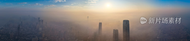 长沙城市清晨日出迷雾航拍全景图