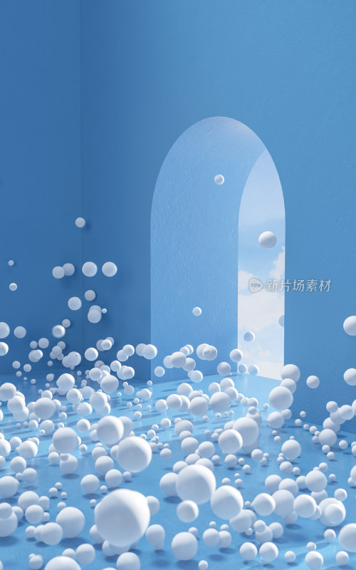 创意蓝色空间与白色球体 3D渲染
