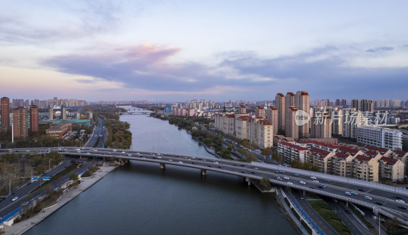 天津海河复兴门地铁站海津大桥城市交通风光