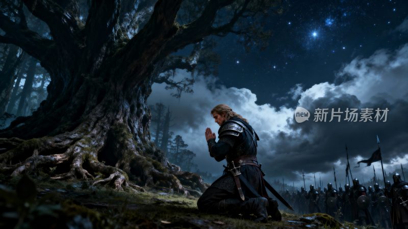 骑士于大树下跪地祈祷场景