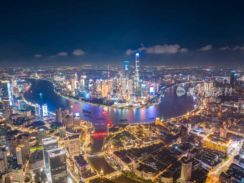 上海城市河流夜景鸟瞰图