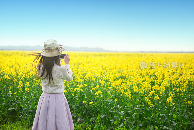 女人站在油菜花田旁