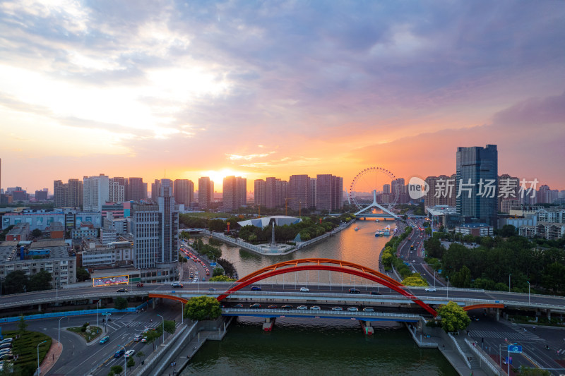 海河天津之眼旅游景区城市日落晚霞夜景航拍