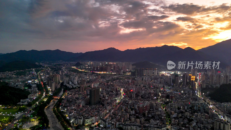 广东云浮城市夜幕降临航拍