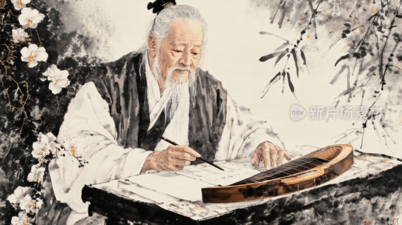 古代老者书写毛笔字场景