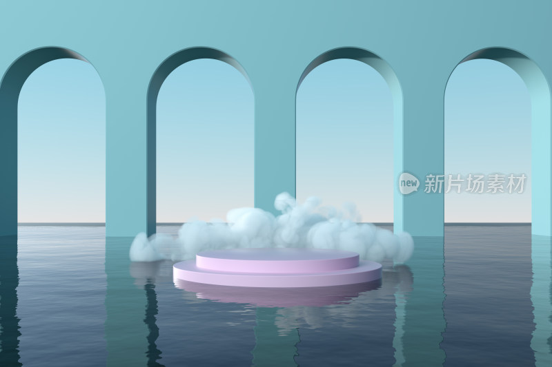 水面上的置物台与创意风格背景 3D渲染