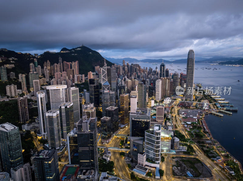 香港维多利亚港CBD中环夜景日出高空航拍