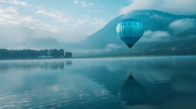 一个热气球在平静湖面上空的云雾中缓缓升起