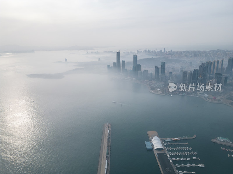 青岛海滨城市高楼航拍全景