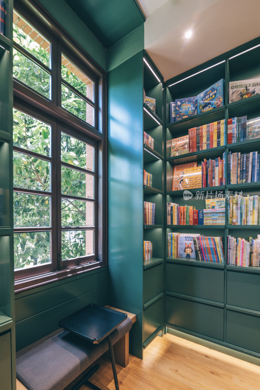 湖南长沙橘子洲-书店里窗边的绿色书架