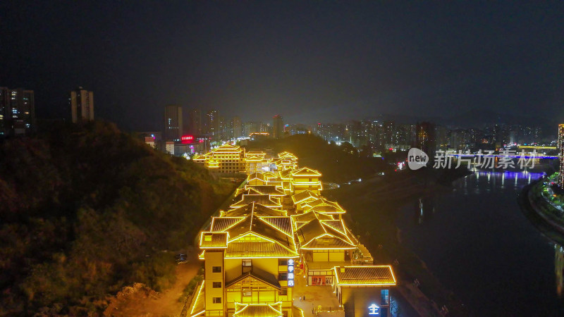 四川达州梦里巴国三里古街夜景航拍