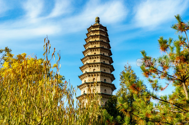 山西太原市地标永祚寺秋天古塔景观