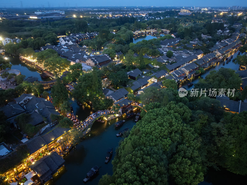 浙江嘉兴桐乡乌镇西栅景区江南水乡航拍夜景