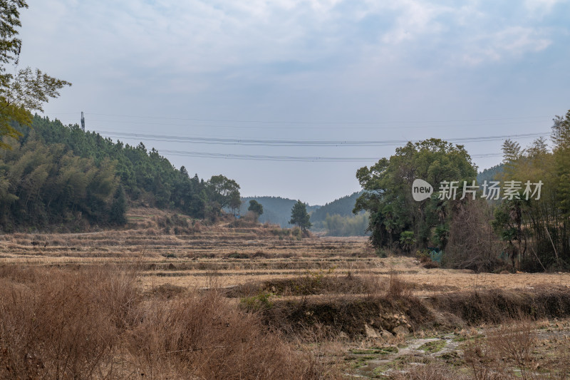 乡村冬季农田与山林的自然景象