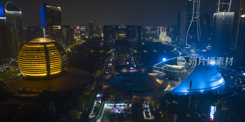 杭州奥体中心钱江新城建筑夜景航拍照