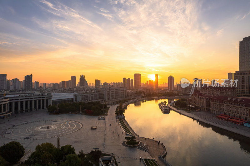 日出天津站海河津湾城市风景航拍