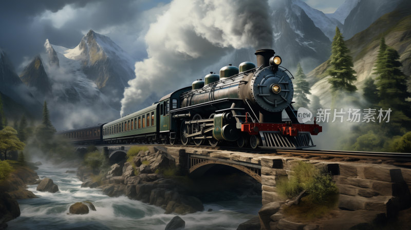 一辆古典蒸汽火车在桥上行驶穿梭雄伟山谷间