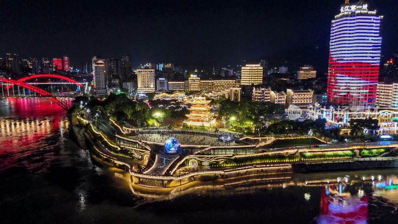 四川宜宾合江楼长江之珠夜景灯光航拍图