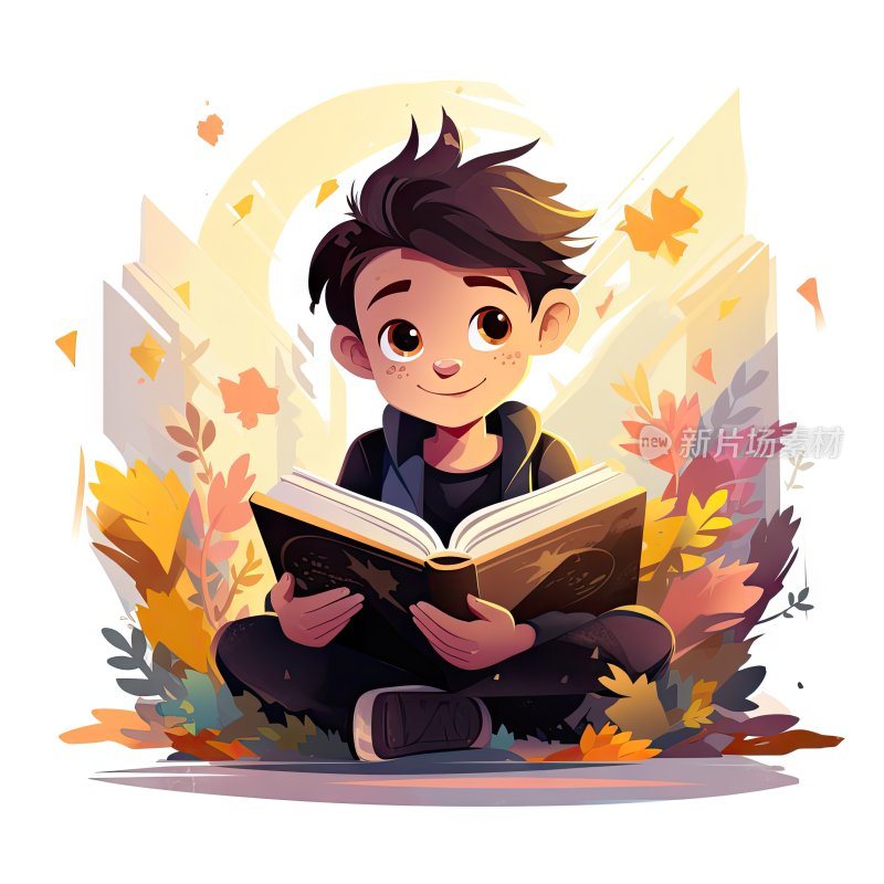 平面插图，看书的男孩