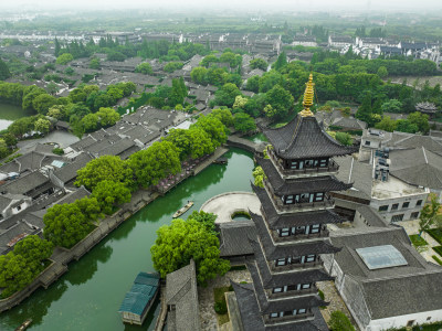 航拍江南水乡古镇乌镇全景