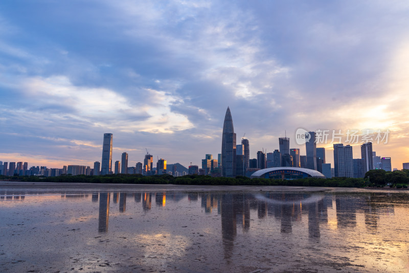 深圳湾城市天际线黄昏倒影景观